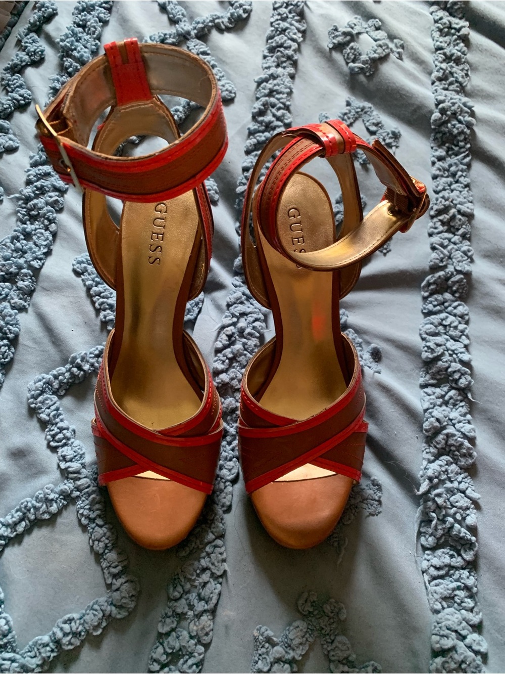 Guess Belvar 2 Brown Leather Platform Sandals with Orange Trim from Y2K Era